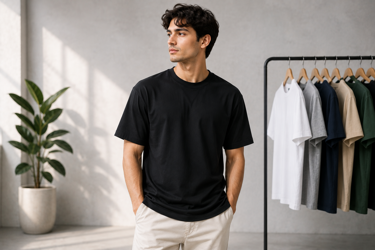 Custom-made black T-shirt worn by a male model